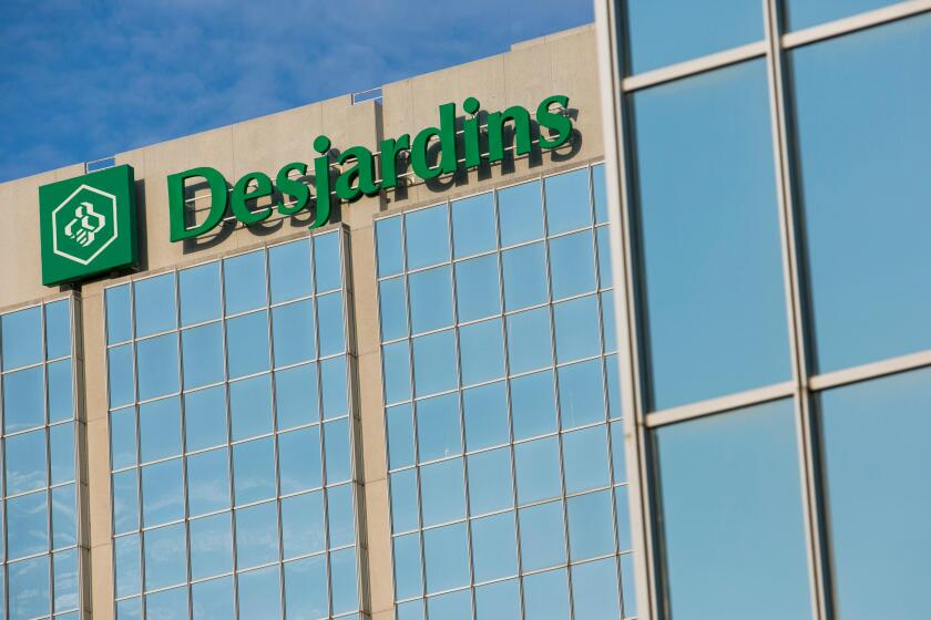 A logo sign outside of a facility occupied by The Desjardins Group in Mississauga, Ontario, Canada, on April 15, 2017.