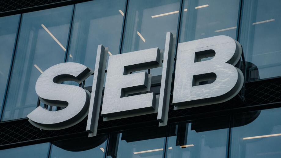 SEB bank logo on modern SEB bank office building on 09 November 2022 in Vilnius, Lithuania. SEB Bank is Commercial Bank of Lithuania, subsidiary of