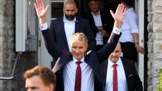 Erfurt, Germany. 02nd Sep, 2024. RECROP - Bjorn Hocke (AfD, M), party and parliamentary group leader of the AfD in Thuringia and top candidate, leaves the AfD election party. The election party took place in Thuringia on Sunday. Credit: Daniel Vogl/dpa/Al