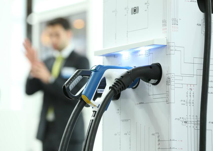 Hanover, Germany. 24th Apr, 2017. "Cito", a charging station for electronic cars from EBG compleo can be seen during the opening rounds at the Hanover Fair 2017 in Hanover, Germany, 24 April 2017. The world's biggest industry trade fair will see some 6500