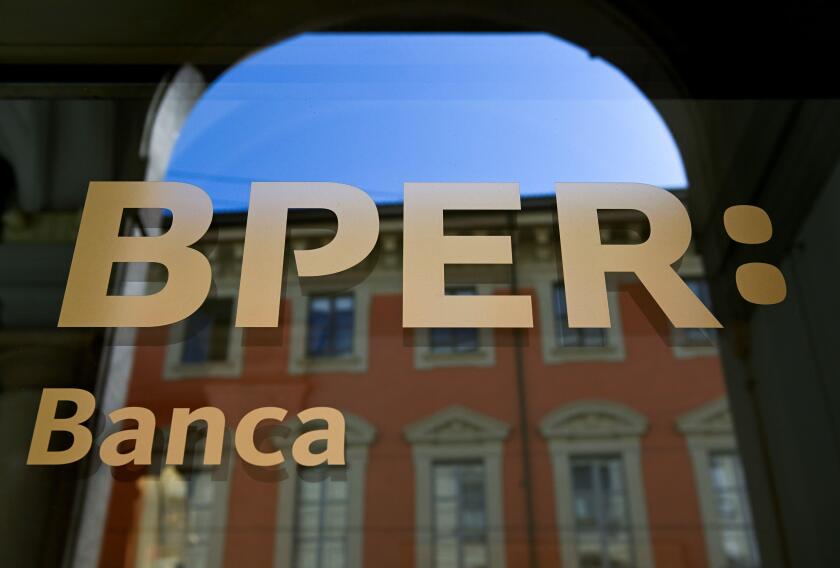The logo of BPER Banca is pictured outside a branch as the bank's CEO Piero Montani presents a new business plan, in Milan, Italy, June 10, 2022. REUTERS/Flavio Lo Scalzo