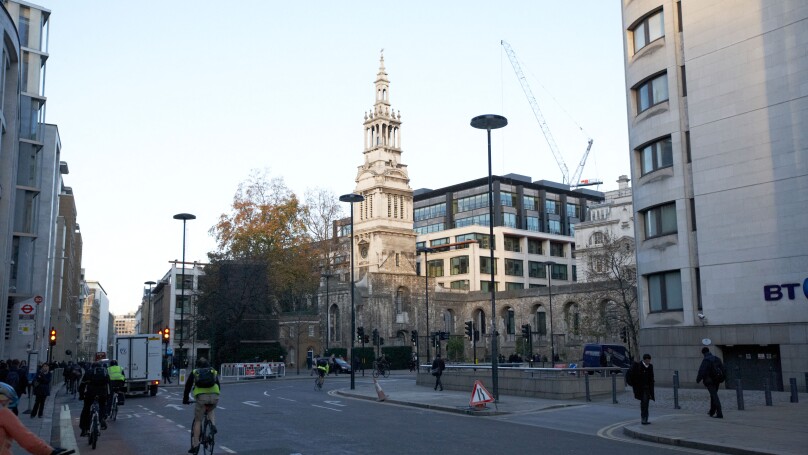 newgate street and christchurch greyfriars tower London England UK United kingdom