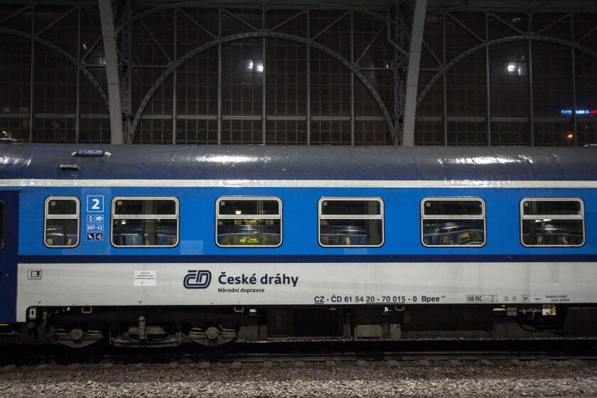 PRAGUE, CZECHIA - NOVEMBER 3, 2019: Logo of Ceske Drahy on one of their passenger car in Prague Hlavni Nadrazi Train Station. CD, or Ceske Drahy is th