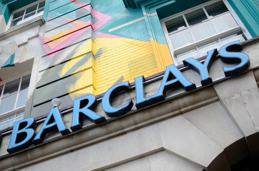 Colourful Barclays Bank building facade, King's Cross, London, UK
