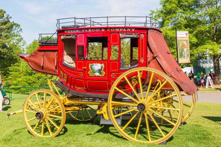Charlotte, NC., USA. 8th May, 2016. Wells Fargo stagecoach near the 9th green during the Wells Fargo Championship on Sunday, May 8, 2016 at Quail Hallow Country Club in Charlotte, NC. Credit:  Cal Sport Media/Alamy Live News
