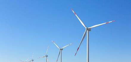 Wind turbines at wind park / windfarm in Schleswig-Holstein, Germany