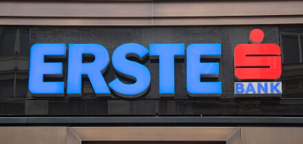 The logo for the Erste Bank above a branch in Vienna (Wien), Austria.