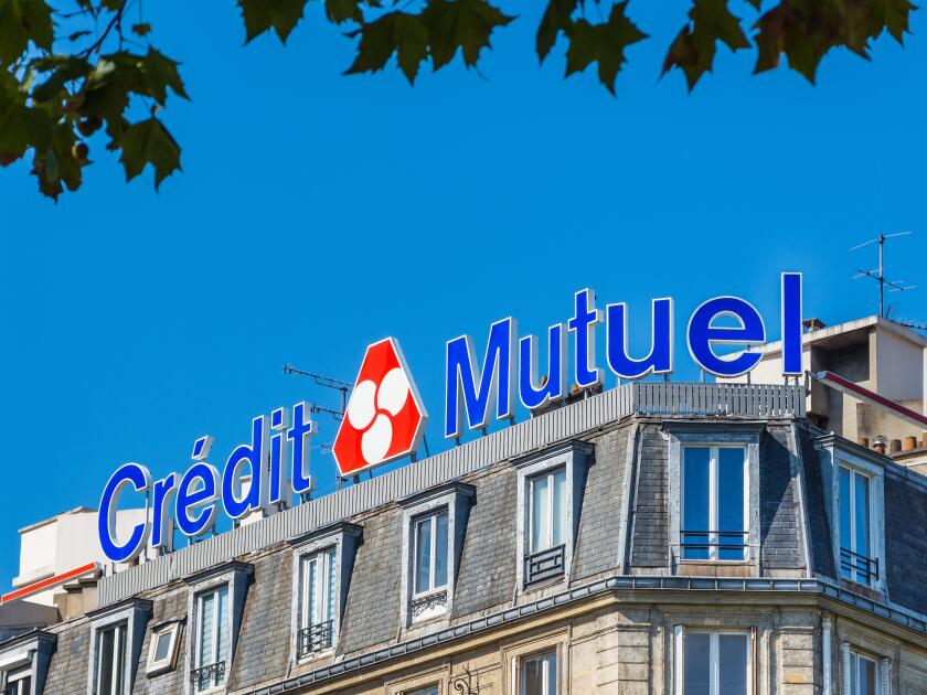 "Credit Mutuel" bank signage, Montparnasse, Paris, France.