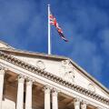Union jack flag over the Bank of England, Threadneedle st, City of London, England.