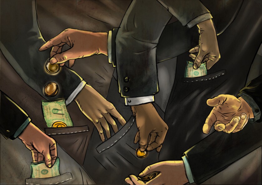 Illustrative image of business people exchanging money representing fraud. Image shot 2012. Exact date unknown.