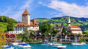 Spiez, Switzerland. Spiez castle by Thun lake in the Berner Oberland.