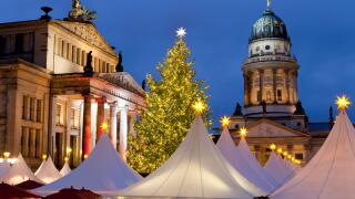 The Gendarmenmarkt Christmas Market, Theatre, and French Cathedral, Berlin, Germany, Europe
