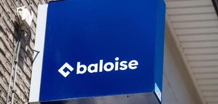 The Baloise logo is displayed on a commercial building in Lier. Baloise is a Belgian and Swiss insurance and financial services group. Lier, Belgium 2