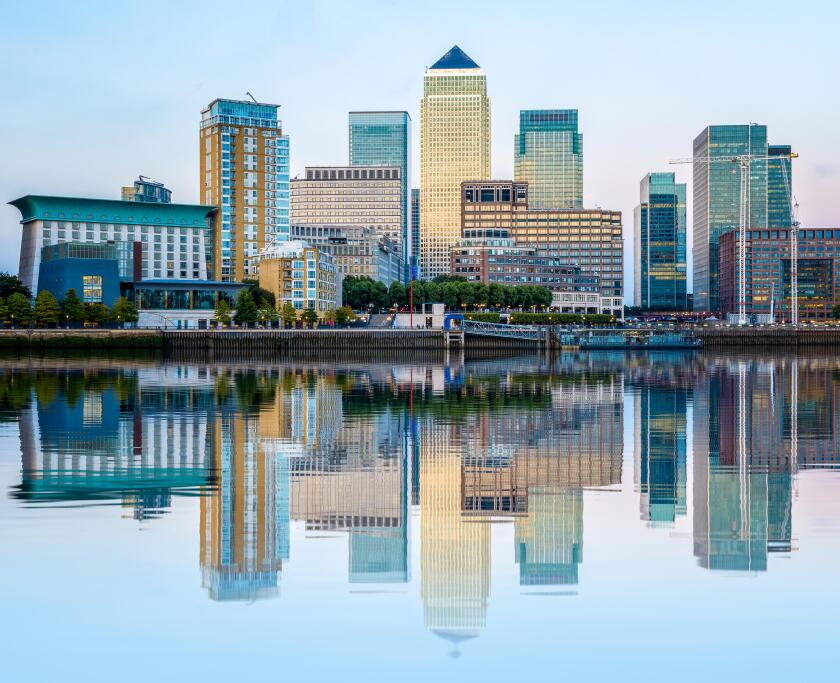 Canary Wharf, financial hub in London at sunset