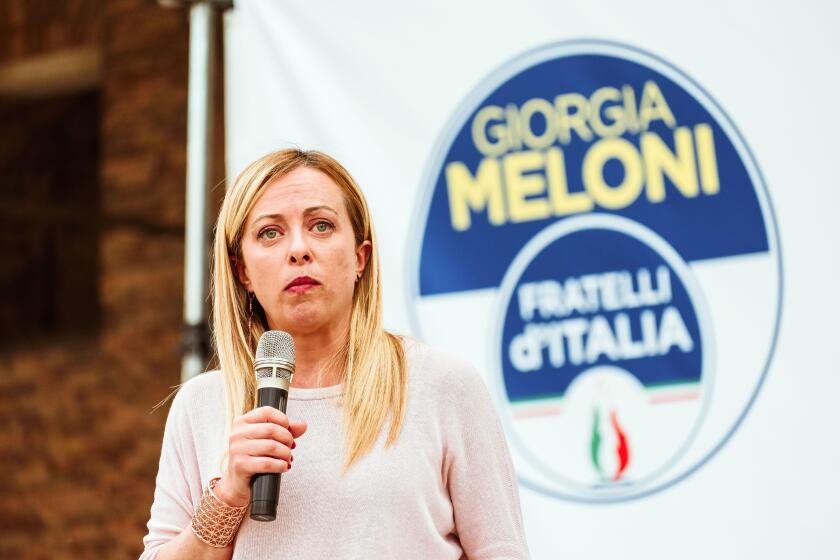 Piacenza, Italy, May 31, 2022. Giorgia Meloni, leader of Fratelli d'Italia party, speaks during the rally for the mayoral elections of Piacenza,