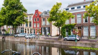 Gables of historic houses on Rapenburg canal in old town of Leiden, South Holland, Netherlands