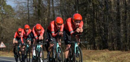 MARCH 2023: View on the cyclist team Arkea Samsic during the team time trial of the professionnal cycling race PARS NICE 2023.