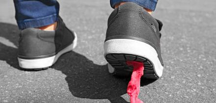 Foot stuck into chewing gum on street