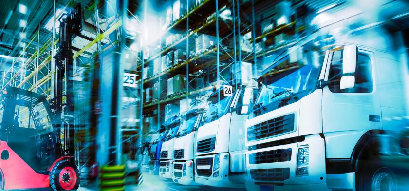 Logistics in modern transportation with warehouse, trucks and forklifts