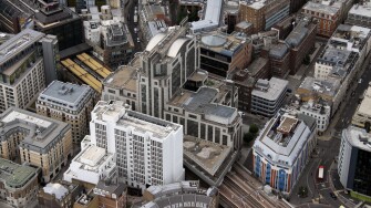 aerial view of approach to Fenchurch Street Station, with Cooper's Row and Vine Street, London EC3
