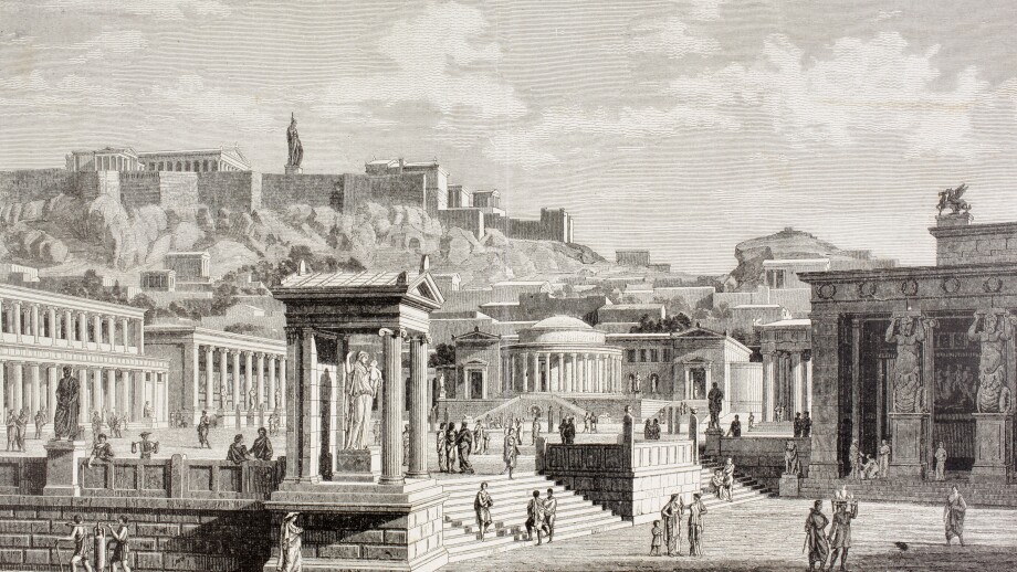 Imaginary view of the market place, or Agora in Athens, ancient Greece.