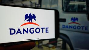 Roosendaal, The Netherlands - March 1, 2025: A mobile phone displaying the logo of Dangote Group, with the company website in the background.