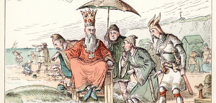 Comic Sketch by T S Seccombe showing King Canute and his courtiers trying to stop the tide coming in.