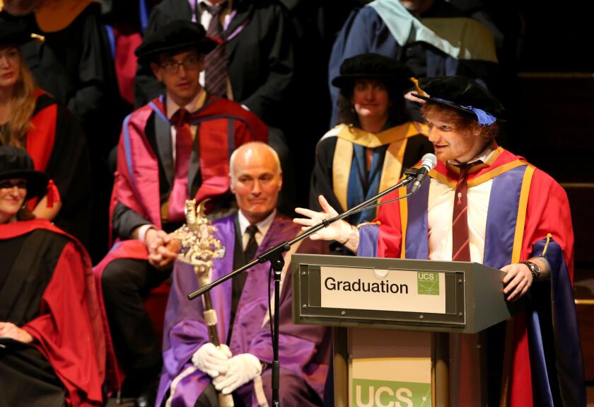 Ed Sheeran addresses fellow graduates at a graduation ceremony at University Campus Suffolk in Ipswich, where he will receive an honorary degree for his "outstanding contribution to music". The 24-year-old singer-songwriter is to be awarded an honorary do