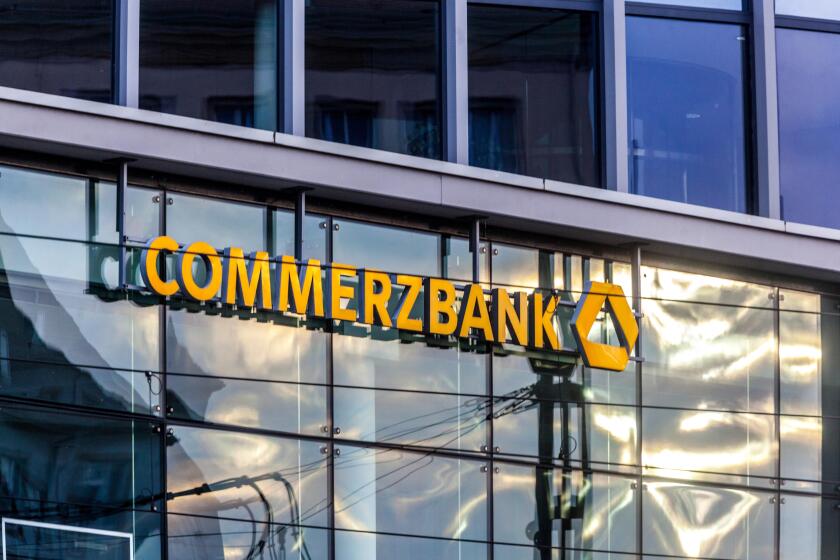 Commerzbank logo on glass facade, Dresden, Germany