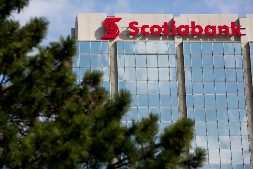 A logo sign outside of a facility occupied by The Bank of Nova Scotia (Scotiabank) in Mississauga, Ontario, Canada, on April 16, 2017.
