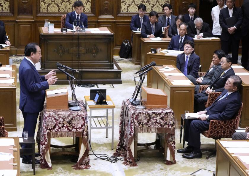 Yoshihiko Noda (L), leader of the main opposition Constitutional Democratic Party of Japan, asks a question to Prime Minister Shigeru Ishiba during a party leaders' debate in parliament in Tokyo on June 11, 2025. (Kyodo)==Kyodo Photo via Credit: Newscom/A