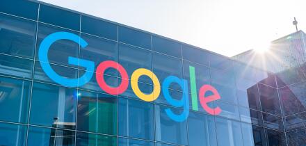 American multinational technology company Google logo seen at Googleplex, the corporate headquarters complex of Google and its parent company Alphabet Inc.