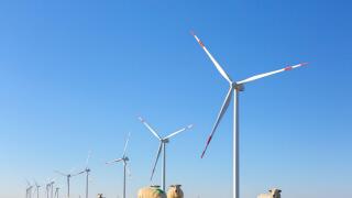 Wind turbines at wind park / windfarm in Schleswig-Holstein, Germany