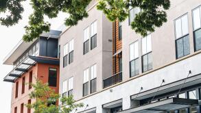 Exterior view of multifamily residential building; Mountain View, San Francisco bay area, California