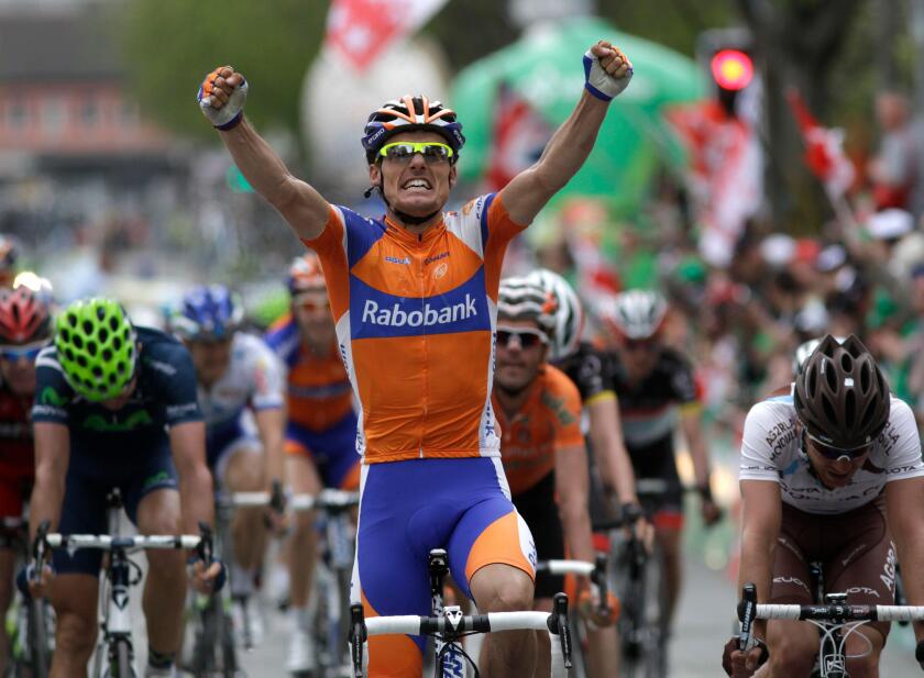 Rabobank team rider Luis Leon Sanchez of Spain celebrates winning the fourth stage of the Tour de Romandie cycling race in Sion April 28, 2012.  REUTERS/Denis Balibouse (SWITZERLAND - Tags: SPORT CYCLING)