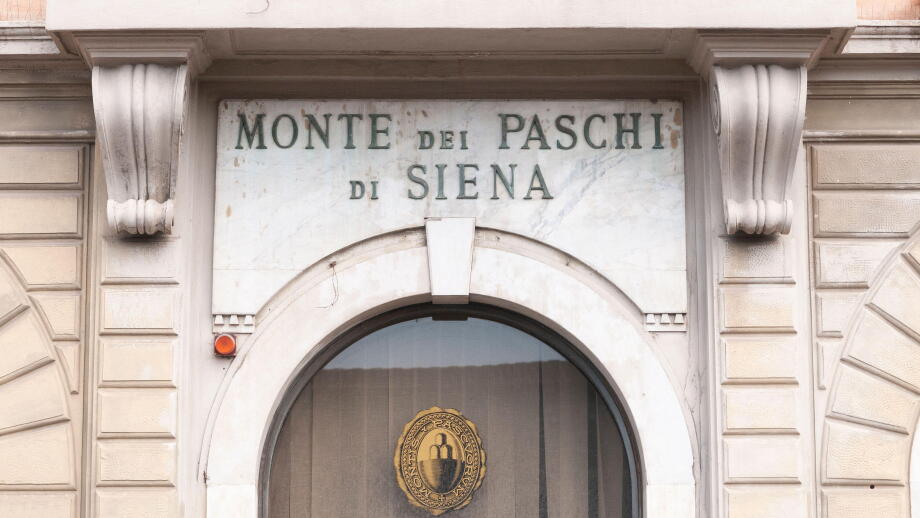 Pisa, Italy - March 24, 2021 - Sign in iron and marble of the Italian bank Monte dei Paschi di Siena