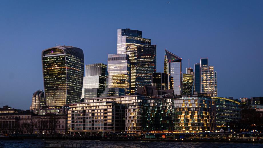 London skyline at dusk, London, UK