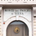 Pisa, Italy - March 24, 2021 - Sign in iron and marble of the Italian bank Monte dei Paschi di Siena