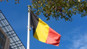 Belgian flag swaying in the wind against blue sky and trees. Flag of Belgium near train station. Flag day celebration. Embassies and consulates