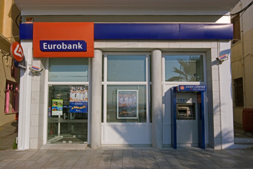 Greece greek island of Naxos Bank in town Eurobank Euro Bank