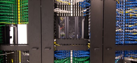 Ethernet cables and sockets neatly arranged in the server racks of a data center at some Hong Kong serviced offices.