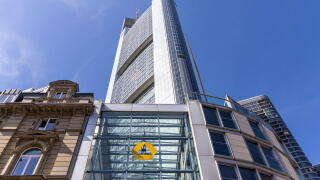 Frankfurt, Germany - April 11, 2025: Commerzbank headquarters Frankfurt in Commerzbank Tower Germany's tallest skyscraper in Frankfurt, Germany.