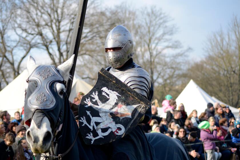 06.04.2015 Lorelay Germany - Medieval Knight games knights fighting in tournament riding on horse