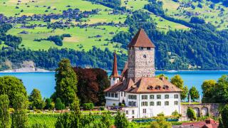 Spiez, Switzerland. Spiez castle by Thun lake in the Berner Oberland.