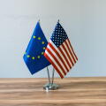 State flags on table. Political concept. Negotiations. Summit. Event.