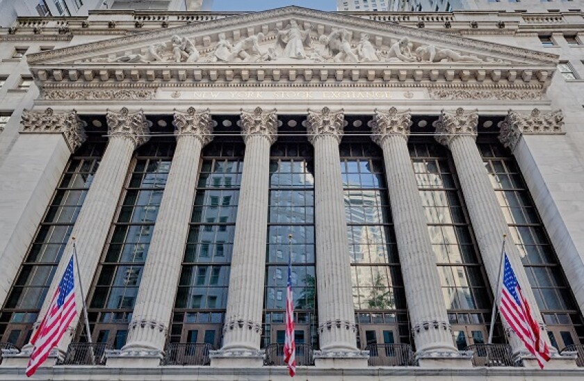 New York Stock Exchange NYSE located in 11 Wall Street in the Financial District of lower Manhattan in New York City, New York.