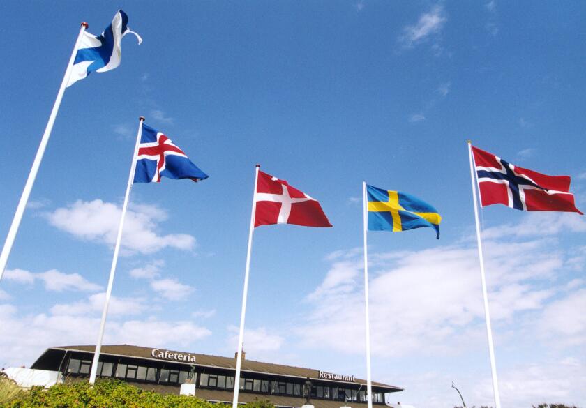 NORDIC FLAGS against blue sky ,Finland,Iceland,Denmark,Sweden,and Norway