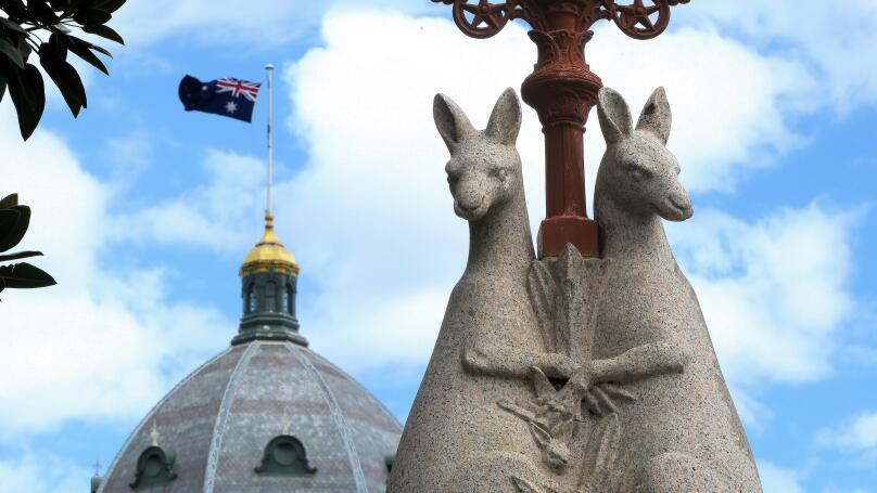 Melbourne Australia; Heritage Kangaroo sculpture outside the Royal Exhibition Building.