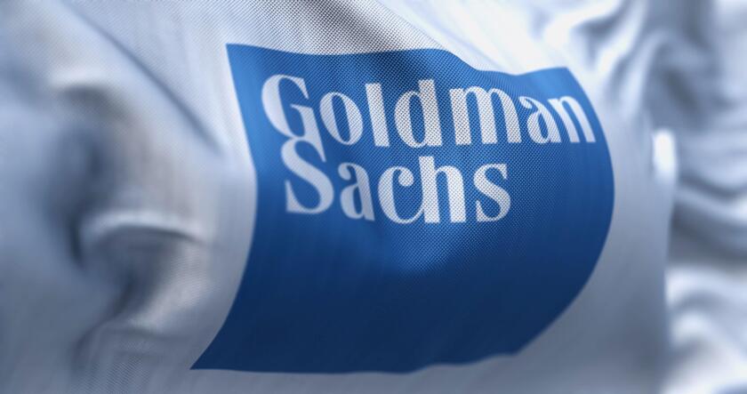 New York, US, Aug. 1 2023: Close-up of Goldman Sachs bank flag waving. Illustrative editorial 3d illustration. Finance and banking. Selective focus