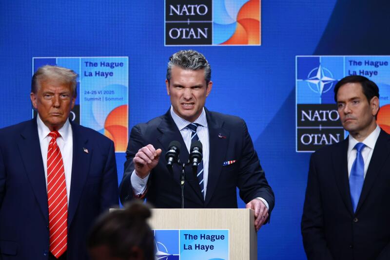 The Hague, Netherlands. 25th June, 2025. US President Donald Trump, US Secretary of State Marco Rubio and US Secretary of Defense Pete Hegseth attend a press conference during the 76th NATO Summit in the World Forum in The Hague, Netherlands on June 25th,